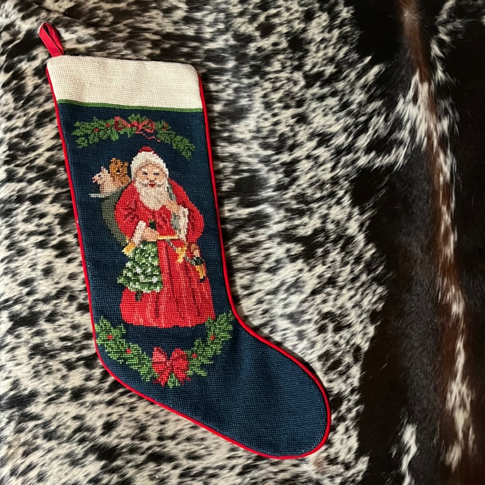 Santa clause navy  needlepoint stocking with red velvet back with hanger